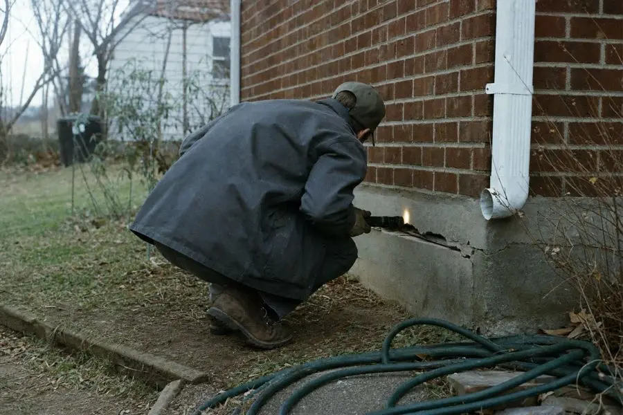 Termite inspector examining a crack in a house foundation with a light